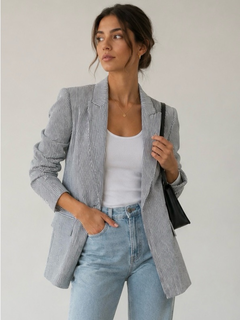 H&M White Blue Stripe Open Front Blazer Jacket Women's Small Chic Career Casual